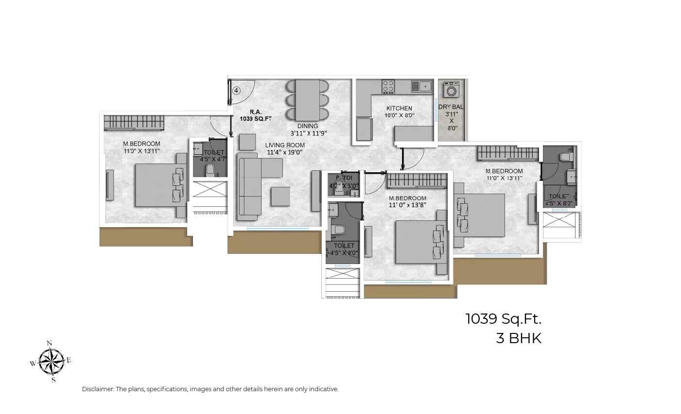 Floor plan of 3 BHK 1039 Sq. Ft. Apartment in Sati Darshan Apartment, Mumbai