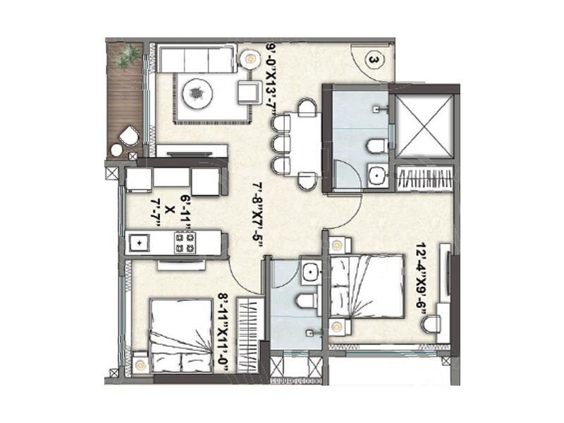 Floor plan of 2 BHK 635 Sq. Ft. Apartment in Satra Nexus, Mumbai