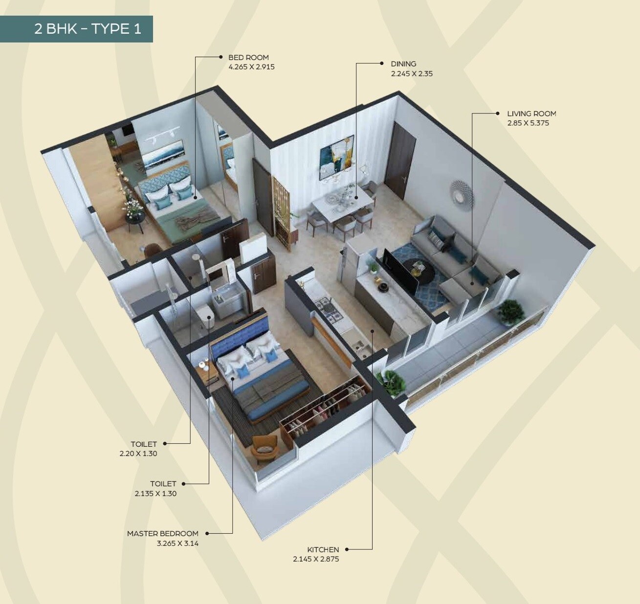 Floor plan of 2 BHK 542 Sq. Ft. Apartment in Satra One, Mumbai