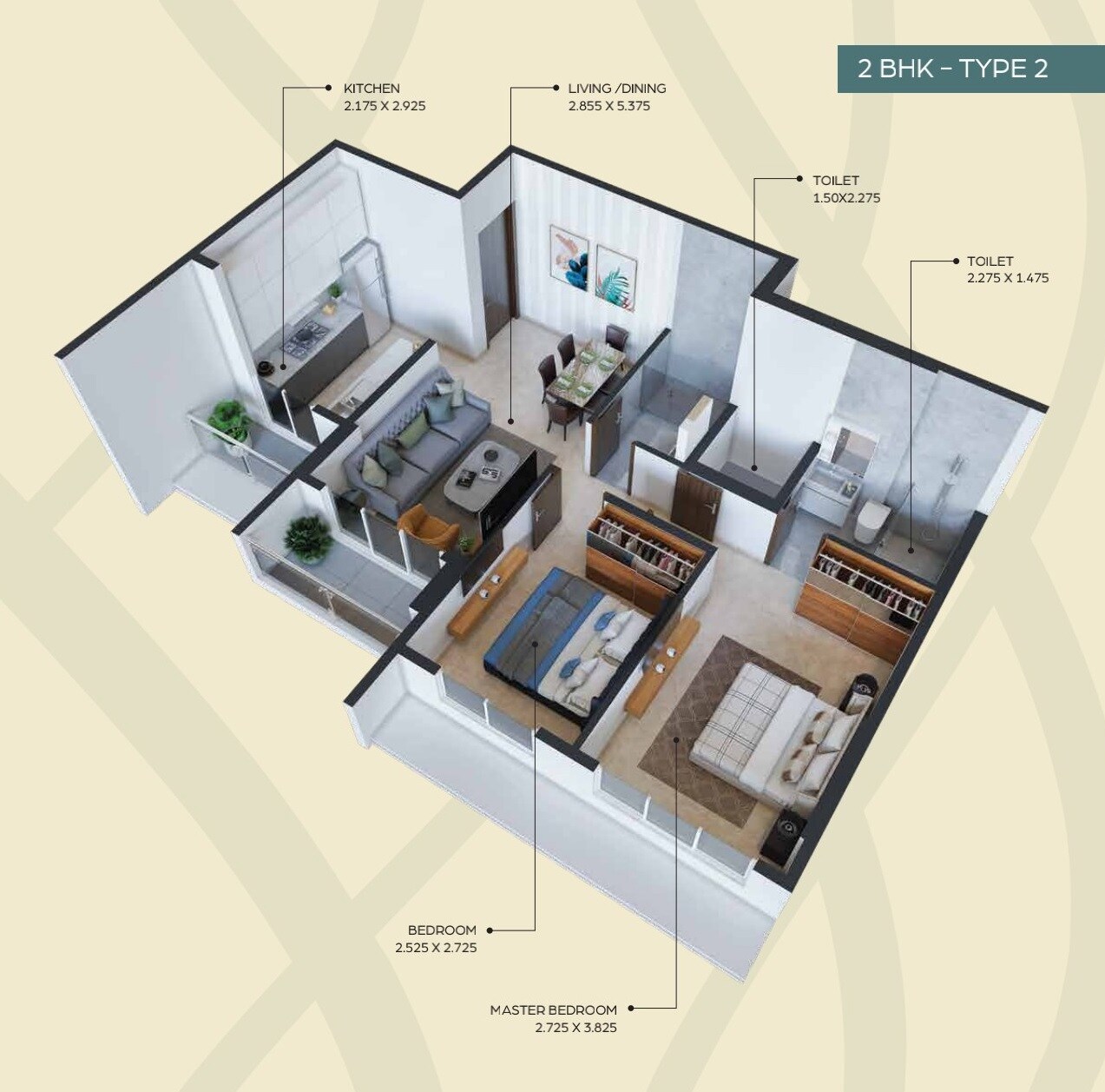 Floor plan of 2 BHK 701 Sq. Ft. Apartment in Satra One, Mumbai