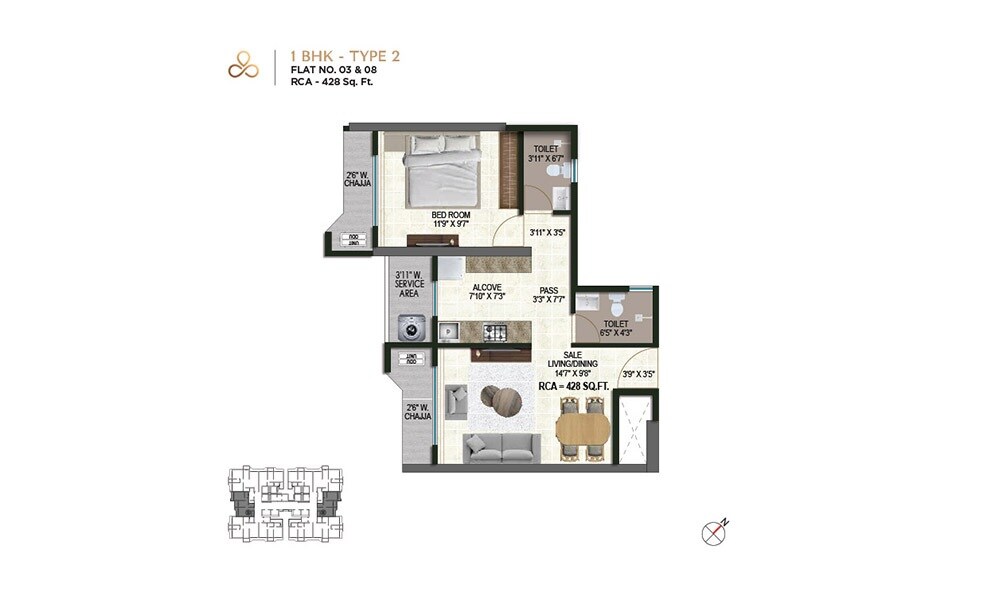 Floor plan of 1 BHK 420 Sq. Ft. Apartment in Satre Happynest, Mumbai