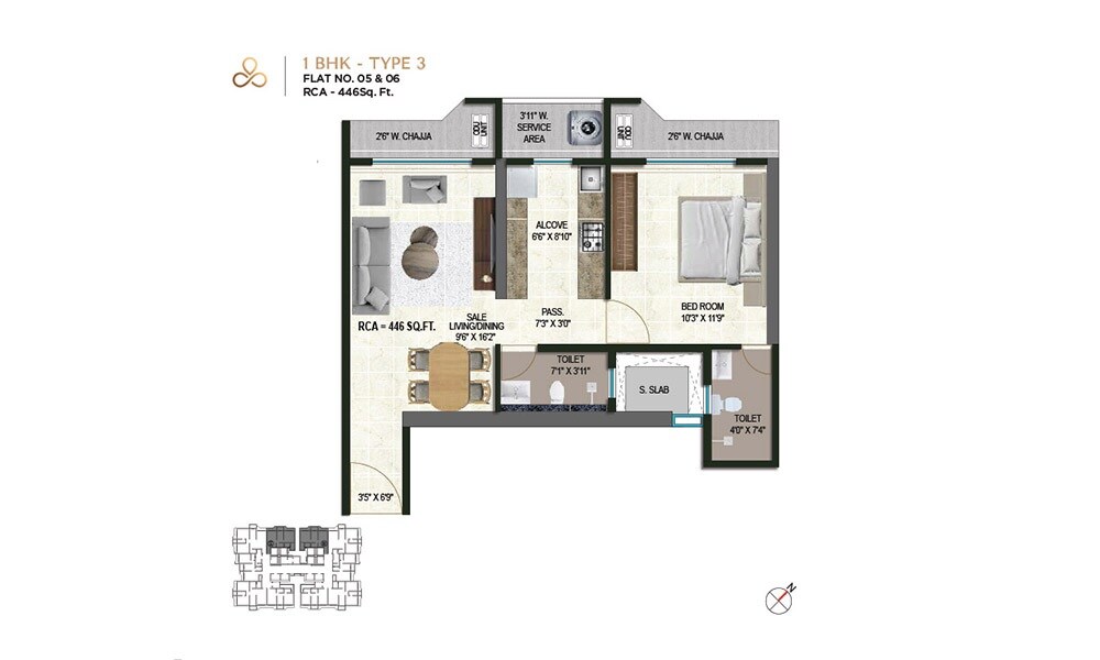 Floor plan of 1 BHK 446 Sq. Ft. Apartment in Satre Happynest, Mumbai