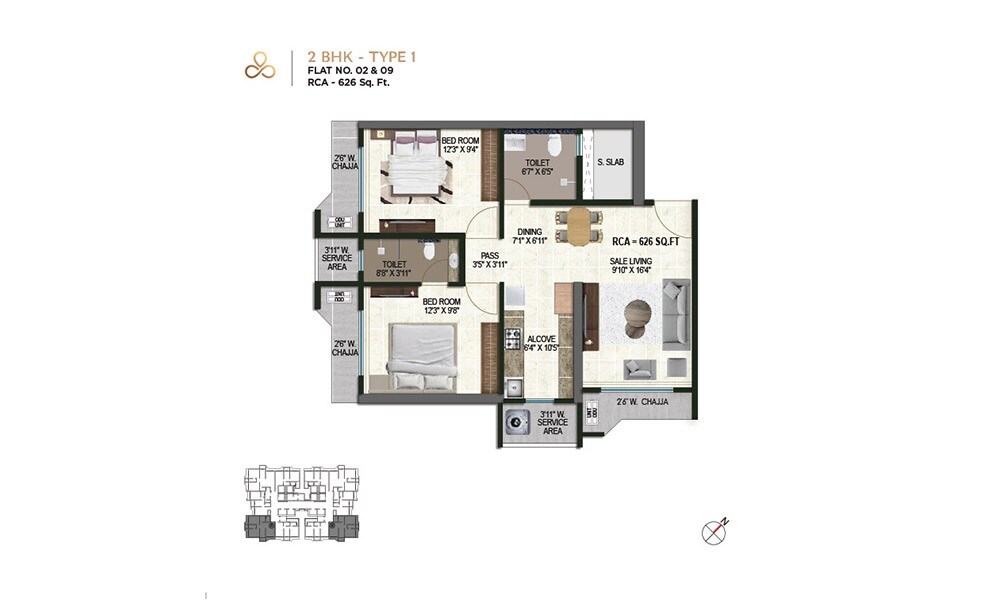 Floor plan of 2 BHK 626 Sq. Ft. Apartment in Satre Happynest, Mumbai
