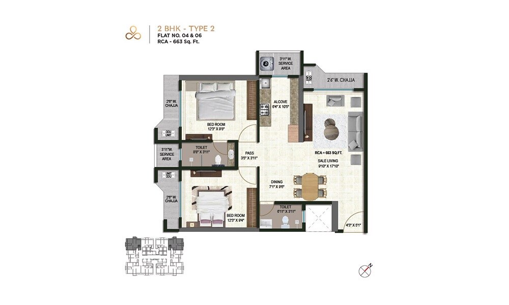Floor plan of 2 BHK 663 Sq. Ft. Apartment in Satre Happynest, Mumbai