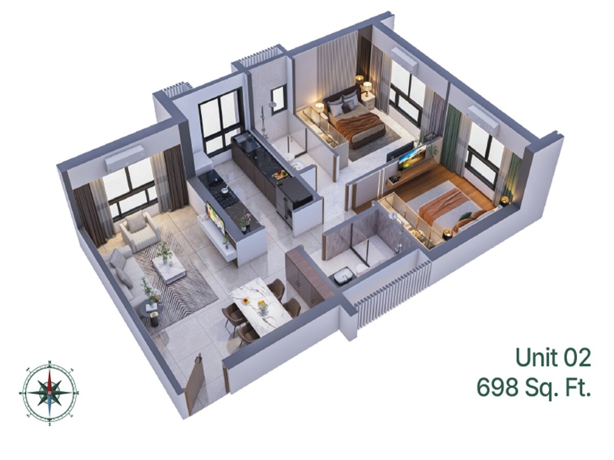 2 BHK 698 Sq. Ft. Apartment