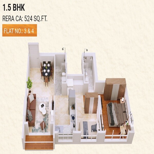 Floor plan of 2 BHK 524 Sq. Ft. Apartment in Satyadeep Hareshwar Pride, Mumbai