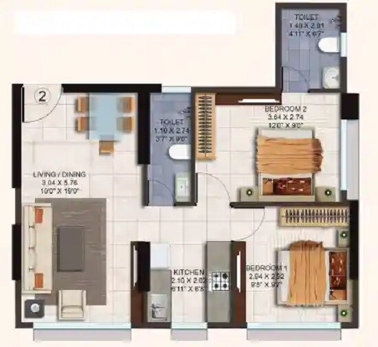 Floor plan of 2 BHK 585 Sq. Ft. Apartment in Satyadeep Hareshwar Pride, Mumbai