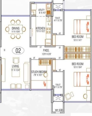 Floor plan of 2 BHK 911 Sq. Ft. Apartment in Satyam Springs, Mumbai