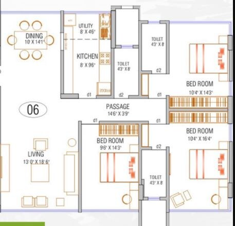 Floor plan of 3 BHK 1114 Sq. Ft. Apartment in Satyam Springs, Mumbai