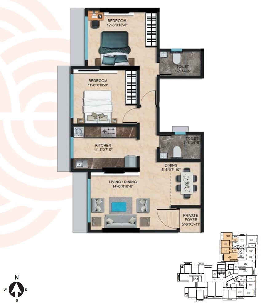 Floor plan of 2 BHK 685 Sq. Ft. Apartment in Sayaji Elvira, Mumbai