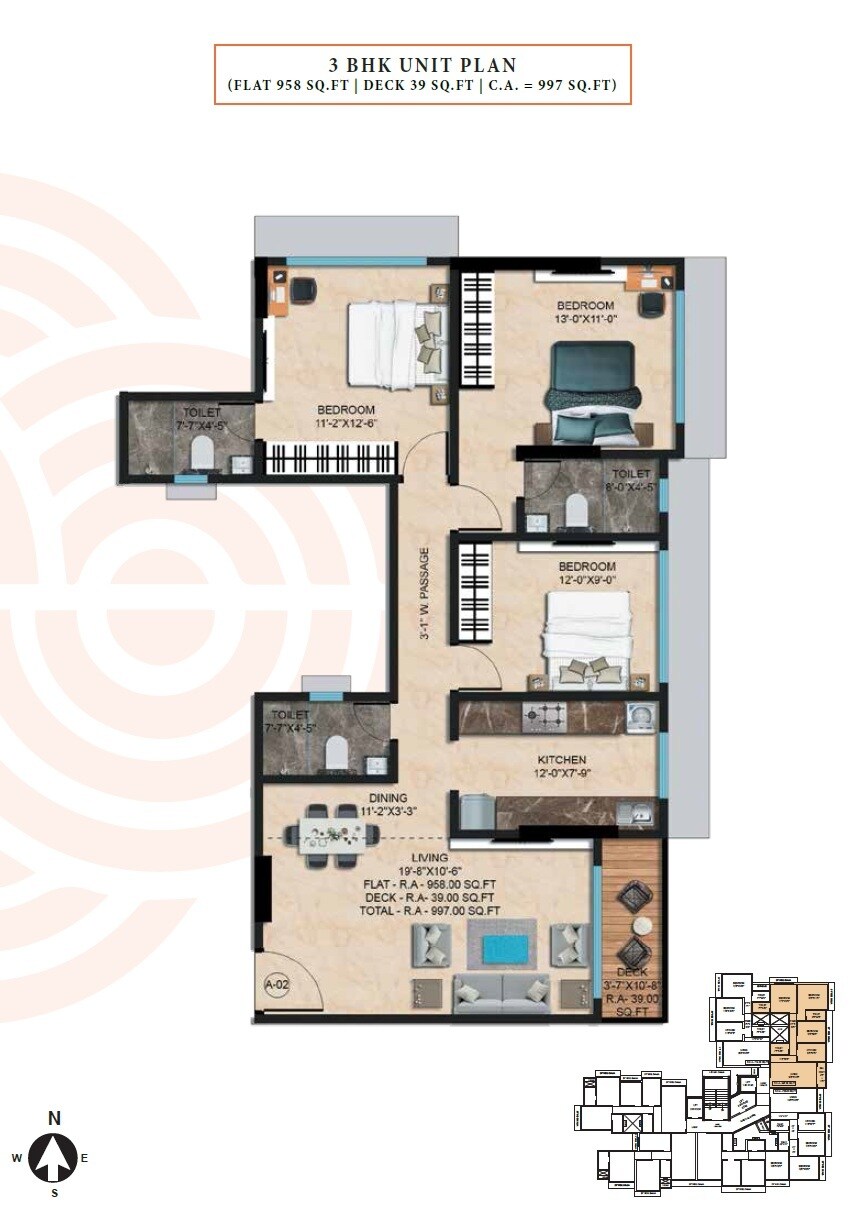 Floor plan of 3 BHK 997 Sq. Ft. Apartment in Sayaji Elvira, Mumbai
