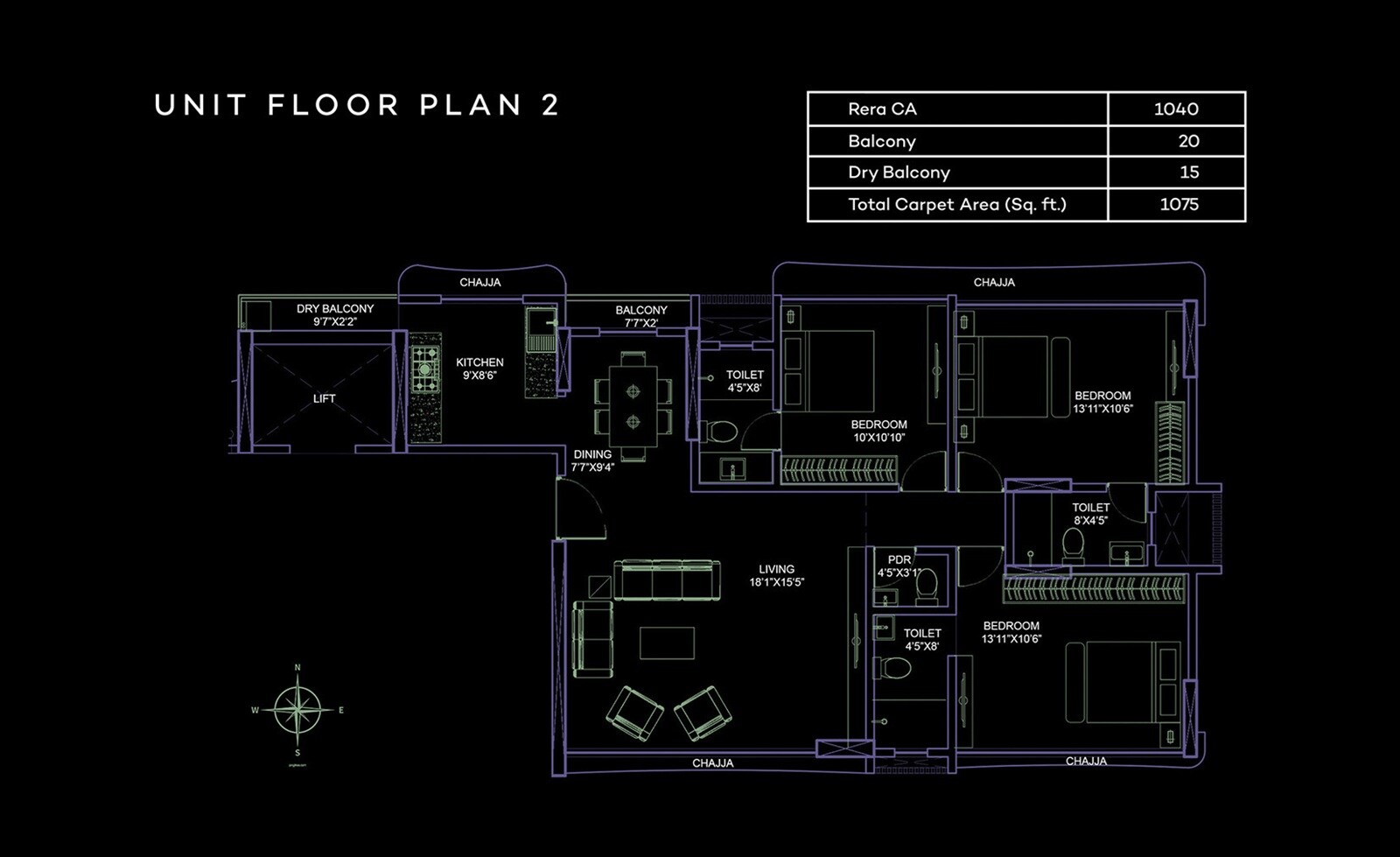 3 BHK 1075 Sq. Ft. Apartment