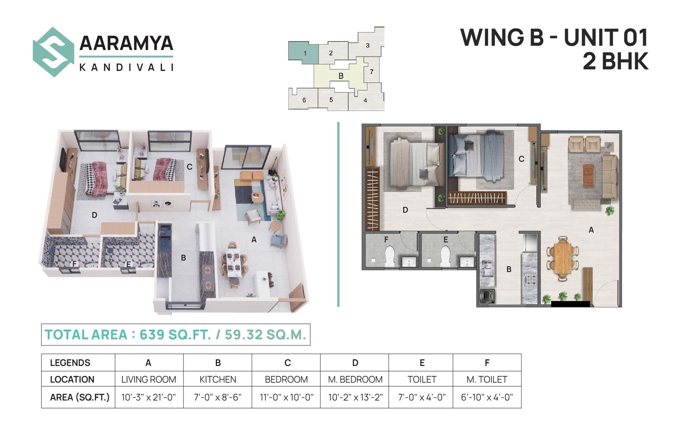 Floor plan of 2 BHK 639 Sq. Ft. Apartment in Sayba Aaramya, Mumbai