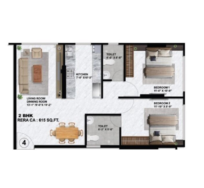 Floor plan of 2 BHK 615 Sq. Ft. Apartment in Sayba Crystal, Mumbai