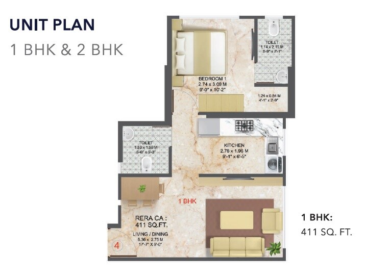 Floor plan of 1 BHK 410 Sq. Ft. Apartment in Sayba Elegant, Mumbai