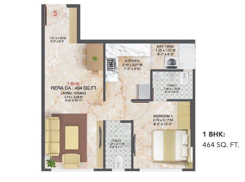Floor plan of 1 BHK 464 Sq. Ft. Apartment in Sayba Elegant, Mumbai