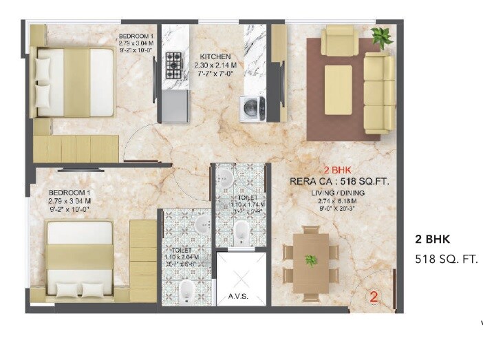 Floor plan of 2 BHK 518 Sq. Ft. Apartment in Sayba Elegant, Mumbai