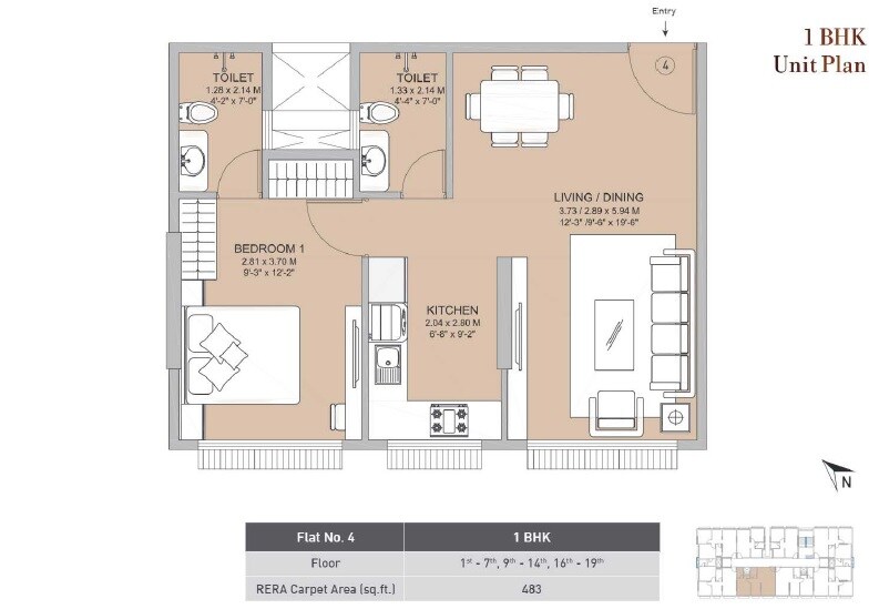 Floor plan of 1 BHK 483 Sq. Ft. Apartment in Sayba Heritage, Mumbai