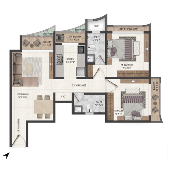 Floor plan of 2 BHK 716 Sq. Ft. Apartment in Sayba Olympia, Mumbai