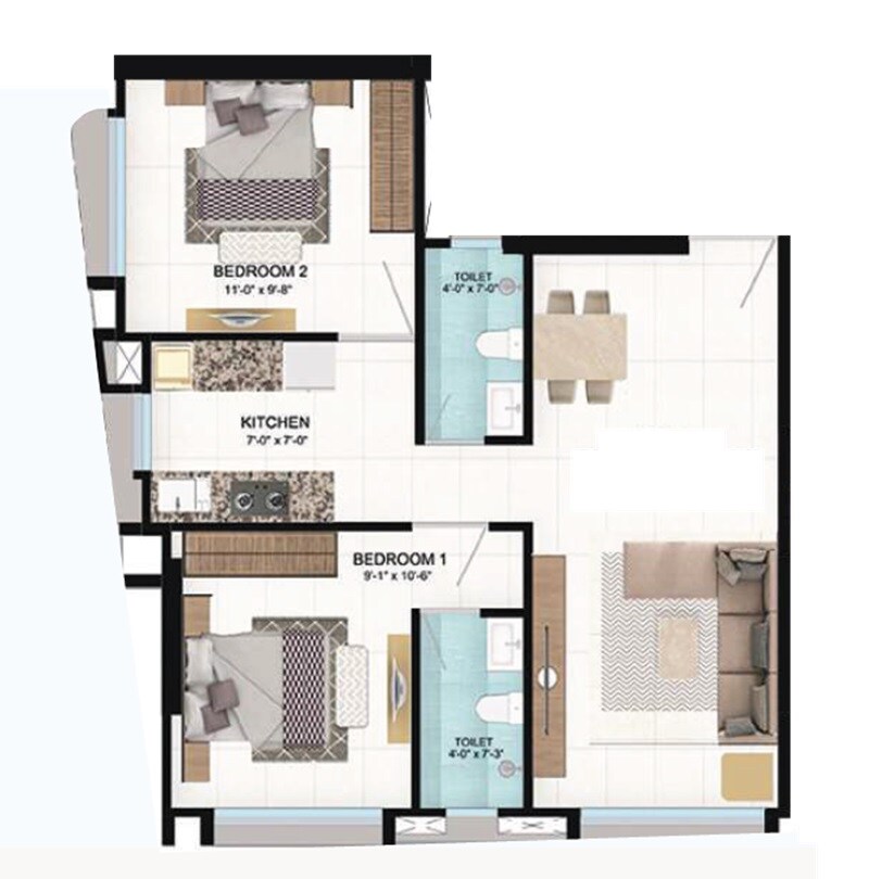 Floor plan of 2 BHK 694 Sq. Ft. Apartment in Sayba Orchid, Mumbai