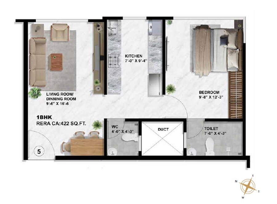 Floor plan of 1 BHK 422 Sq. Ft. Apartment in Sayba Tulip, Mumbai