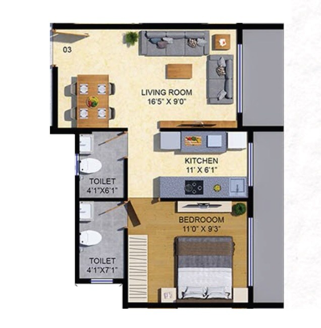 Floor plan of 1 BHK 386 Sq. Ft. Apartment in SB Paradise, Mumbai