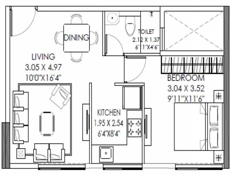Floor plan of 1 BHK 403 Sq. Ft. Apartment in SD Aubburn Wing C, Mumbai