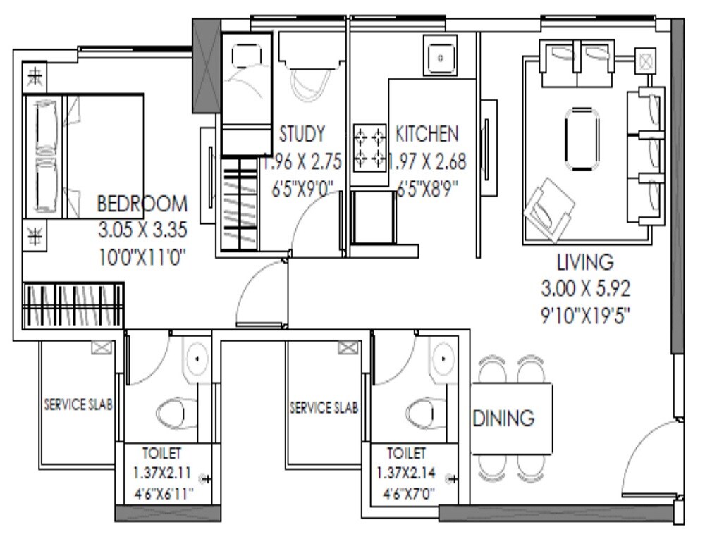 Floor plan of 2 BHK 555 Sq. Ft. Apartment in SD Aubburn Wing C, Mumbai