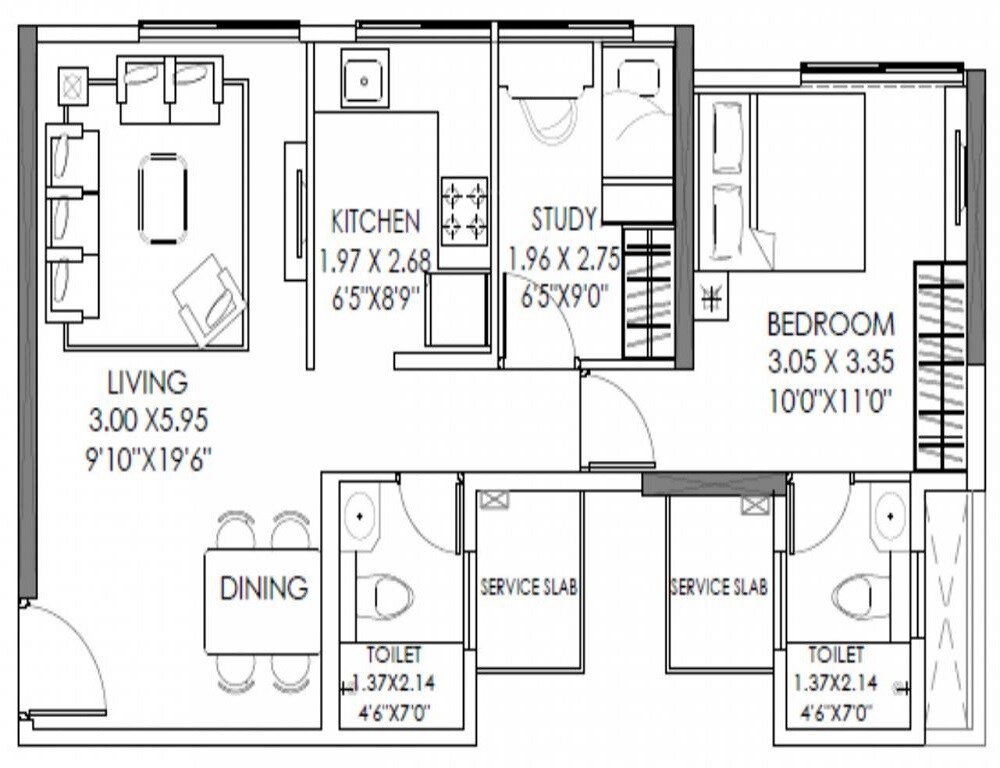 Floor plan of 1 BHK 560 Sq. Ft. Apartment in SD Aubburn Wing C, Mumbai