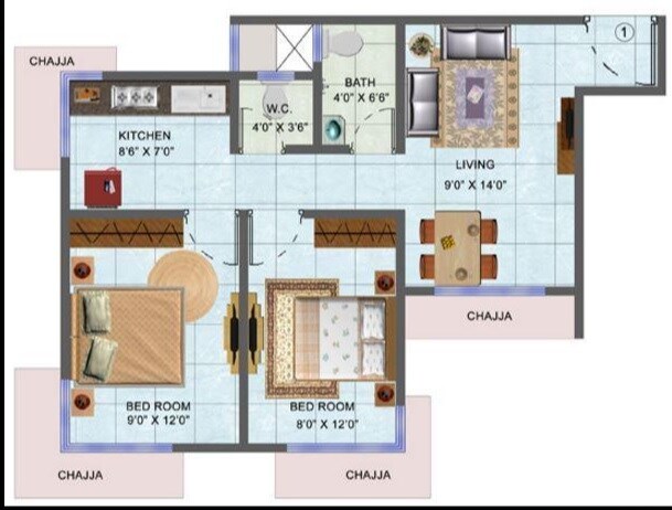 Floor plan of 2 BHK 1035 Sq. Ft. Apartment in SD Bhalerao Sai Krupa, Mumbai