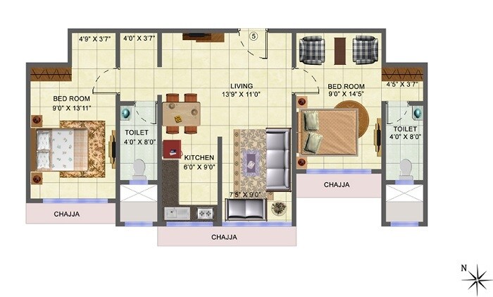 Floor plan of 2 BHK 1175 Sq. Ft. Apartment in SD Bhalerao Sai Krupa, Mumbai