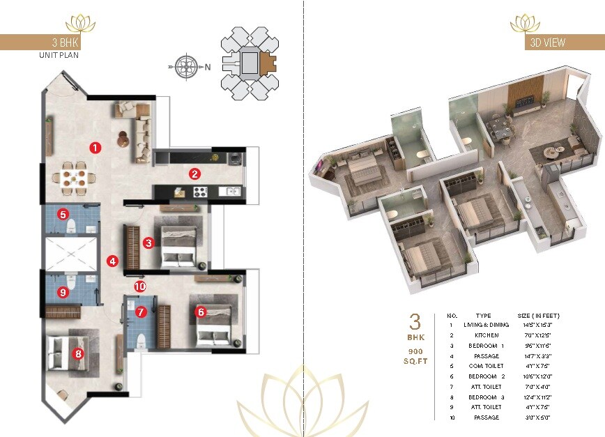 Floor plan of 3 BHK 900 Sq. Ft. Apartment in SD Crown, Mumbai