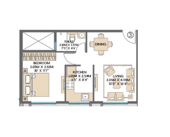 Floor plan of 1 BHK 391 Sq. Ft. Apartment in SD Siennaa Wing C, Mumbai