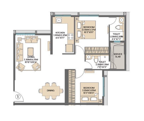Floor plan of 2 BHK 600 Sq. Ft. Apartment in SD Siennaa Wing D, Mumbai