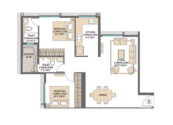 Floor plan of 2 BHK 721 Sq. Ft. Apartment in SD Siennaa Wing D, Mumbai