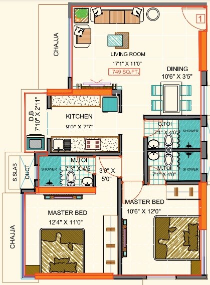 Floor plan of 2 BHK 749 Sq. Ft. Apartment in Sea Jewel, Mumbai
