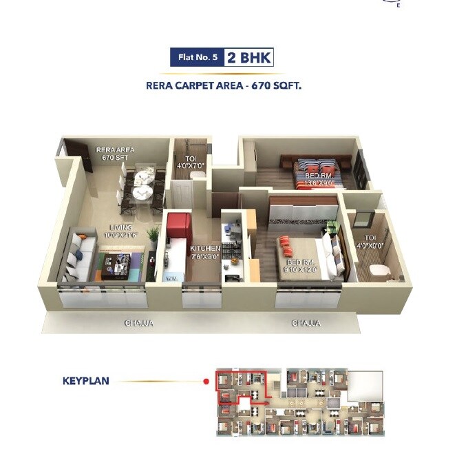 Floor plan of 2 BHK 670 Sq. Ft. Apartment in Seema Rajdhani, Mumbai