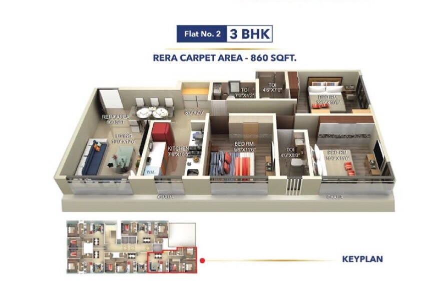Floor plan of 3 BHK 860 Sq. Ft. Apartment in Seema Rajdhani, Mumbai