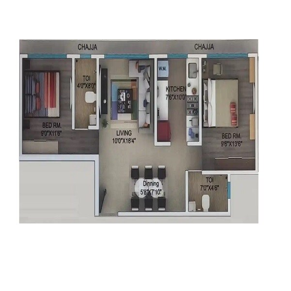 Floor plan of 2 BHK 572 Sq. Ft. Apartment in Seema Rajdhani Ghatkopar, Mumbai