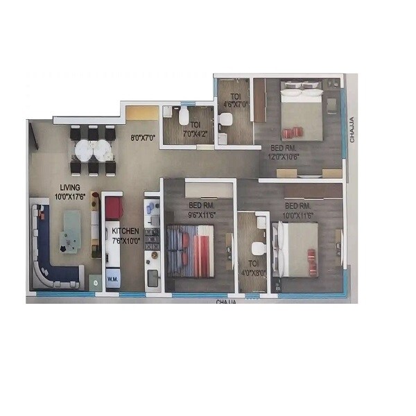 Floor plan of 3 BHK 860 Sq. Ft. Apartment in Seema Rajdhani Ghatkopar, Mumbai
