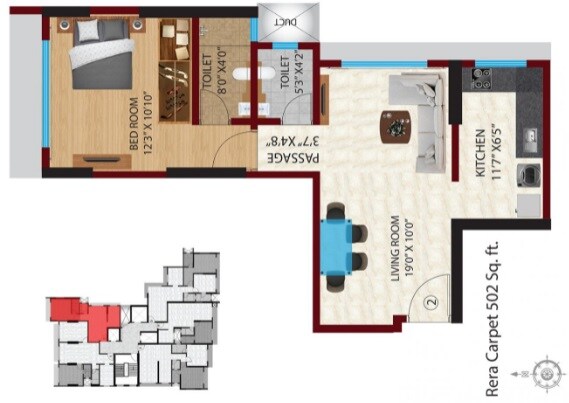 Floor plan of 1 BHK 502 Sq. Ft. Apartment in Sethia Darshan, Mumbai