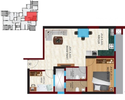 Floor plan of 1 BHK 558 Sq. Ft. Apartment in Sethia Darshan, Mumbai