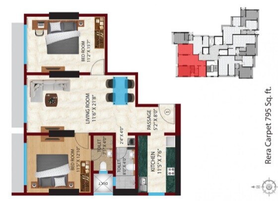 Floor plan of 2 BHK 795 Sq. Ft. Apartment in Sethia Darshan, Mumbai