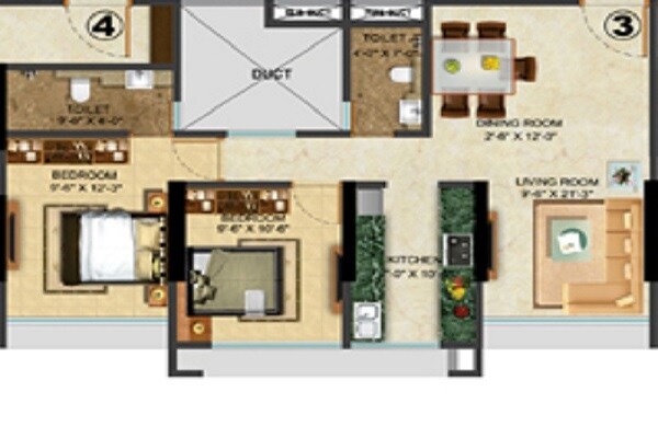 Floor plan of 2 BHK 808 Sq. Ft. Apartment in Sethia Grandeur, Mumbai