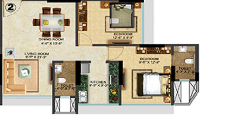 Floor plan of 2 BHK 630 Sq. Ft. Apartment in Sethia Grandeur, Mumbai