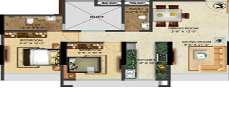 Floor plan of 2 BHK 687 Sq. Ft. Apartment in Sethia Grandeur, Mumbai