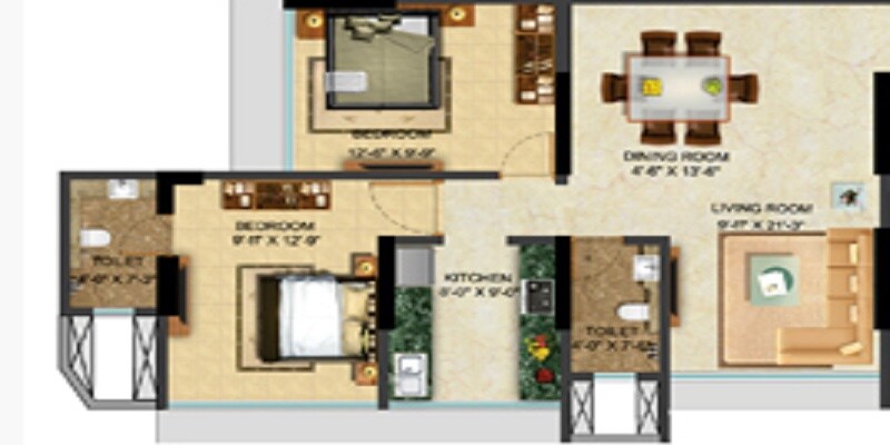 Floor plan of 2 BHK 724 Sq. Ft. Apartment in Sethia Grandeur, Mumbai