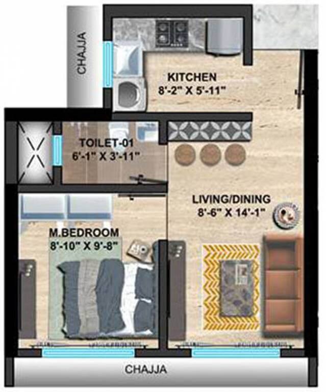 Floor plan of 1 BHK 308 Sq. Ft. Apartment in Sethia Imperial Avenue, Mumbai