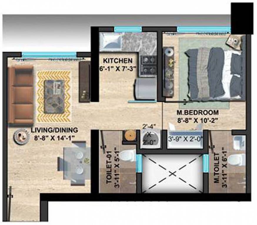 Floor plan of 1 BHK 365 Sq. Ft. Apartment in Sethia Imperial Avenue, Mumbai
