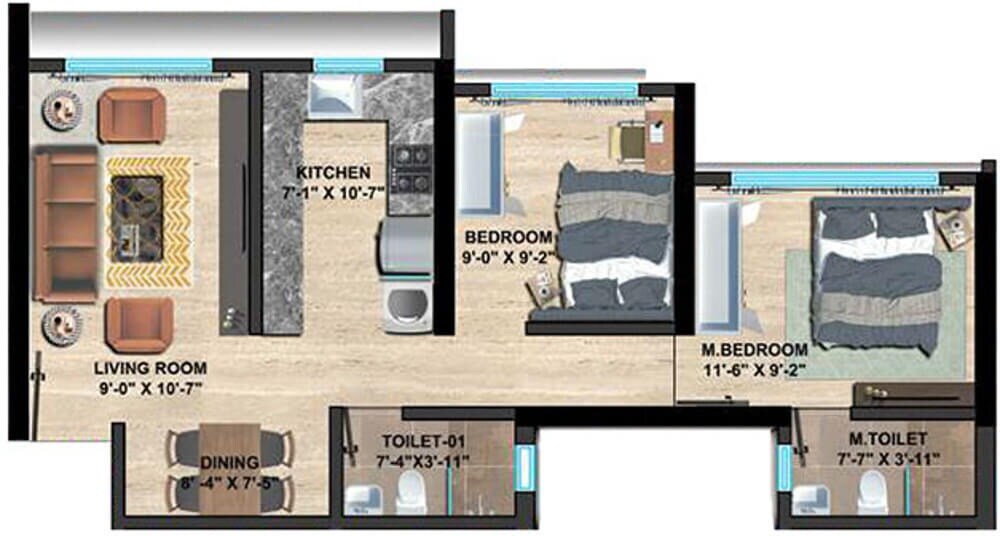 Floor plan of 2 BHK 568 Sq. Ft. Apartment in Sethia Imperial Avenue, Mumbai